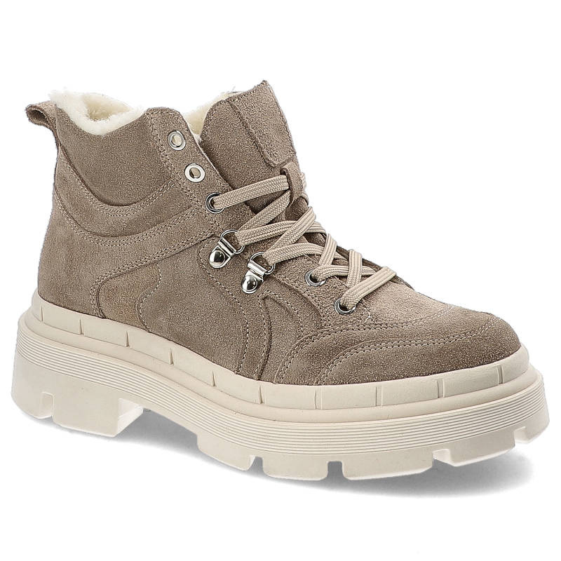 Botki damskie Kampa, z naturalnej skóry zamszowej z wysoką cholewką klasycznym sznurowaniem i ociepleniem masywna podeszwa o wyraźnym ryflowaniu , ca