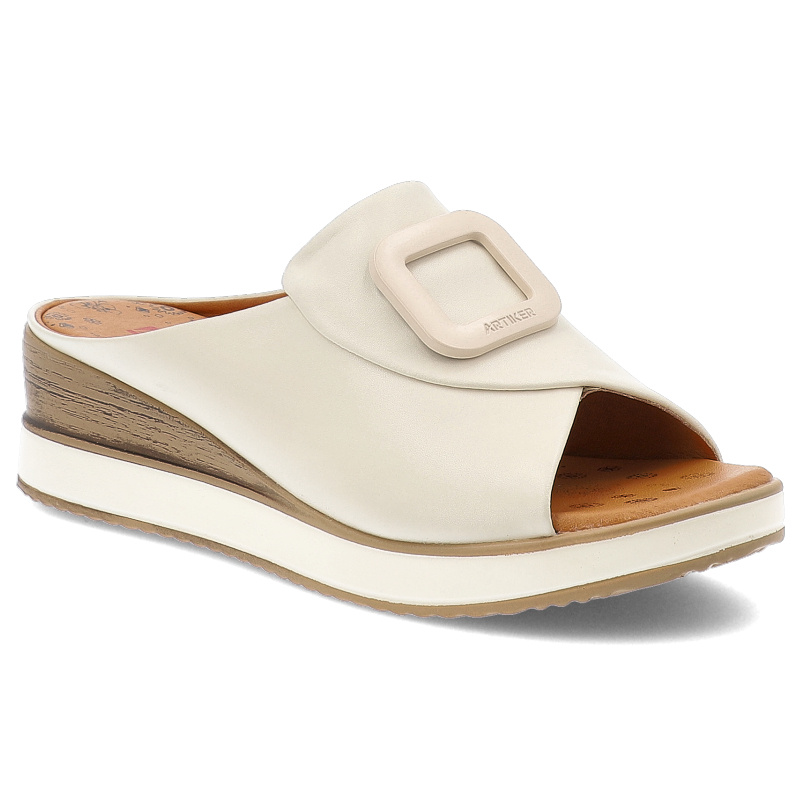 Beżowe Klapki Artiker Eleganckie Obuwie Damskie Na Koturnie