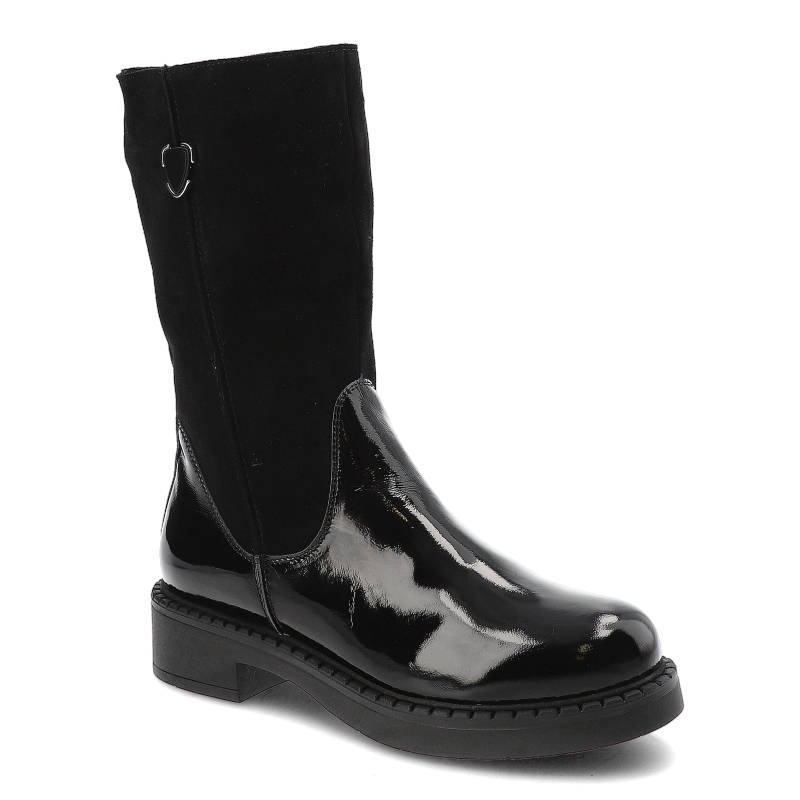 Botki damskie Pollonus, cholewka z lakierowanej skóry naturalnej połączonej z zamszową wstawką stabilny obcas oraz gruba podeszwa z wyraźnym profilem