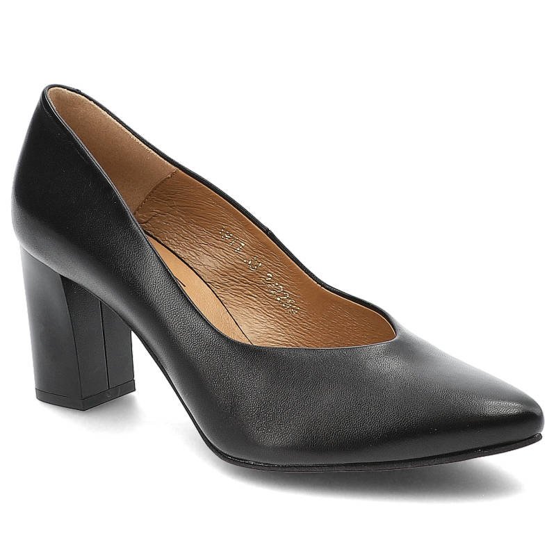 Czółenka damskie Clasicco, cholewka z gładkiej skóry naturalnej z klasycznym wycięciem i noskiem w szpic stabilny obcas o prostym kształcie, czarne,