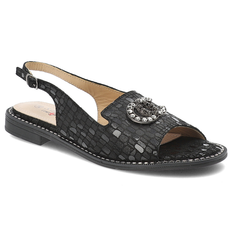 Sandały damskie S. Barski, skórzane zamszowe we wzorki z ozdobą na płaskim obcasie, czarne, KV51-096