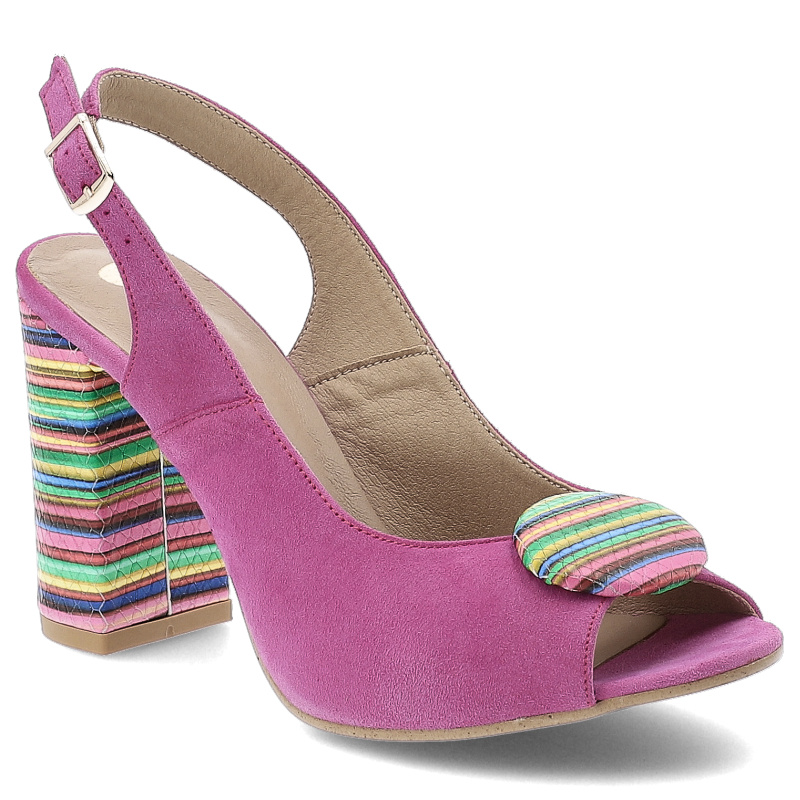 Sandały damskie Armodo, skórzane na wysokim obcasie z ozdobą i odkrytą piętą, fuksjowe, 1819