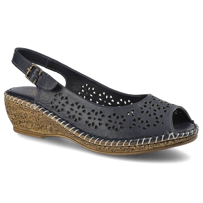 Sandały damskie Lanqier, naturalna skóra licowa z ażurową cholewką regulowanym paskiem na sprzączce oraz koturnem z korkowym wykończeniem, granatowe,