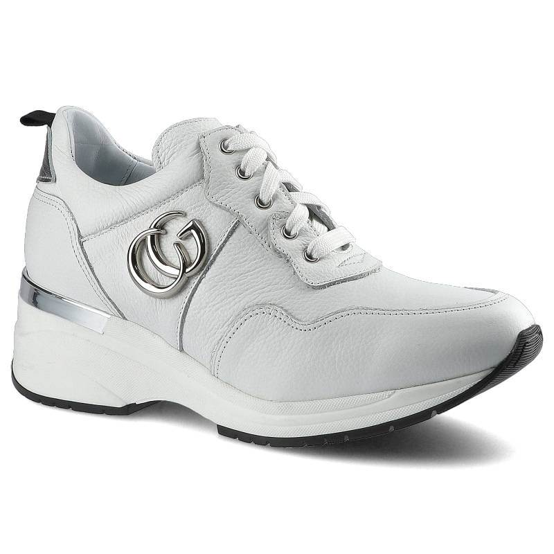 Sneakersy damskie Karino, skórzane na podwyższonej podeszwie z metalicznym akcentem i boczną ozdobą, białe, 3711-010-P