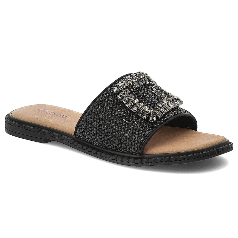 Klapki damskie Artiker, boho eleganckie z ozdobą na płaskim obcasie, czarne, 56C1339