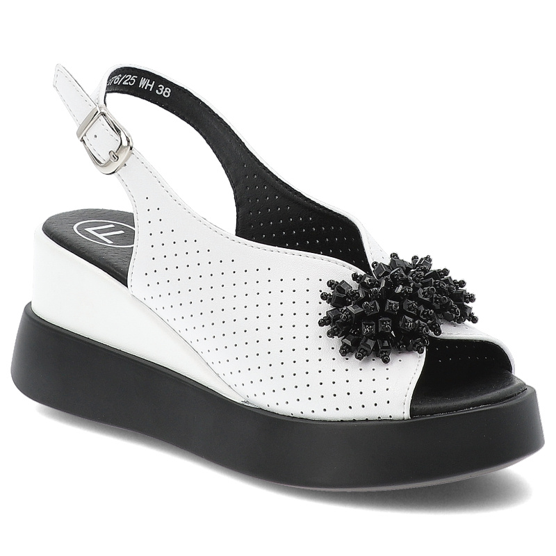 Sandały damskie Filippo, na koturnie skórzane z dziurkami z ozdobą ze sprzączką, białe, DS6076-25-WH
