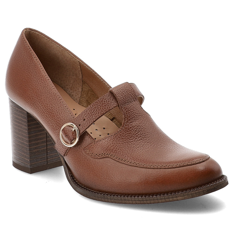 Półbuty damskie Armodo, ze skóry naturalnej ze sprzączką na obcasie i z okrągłym noskiem, koniak rustik, 1662
