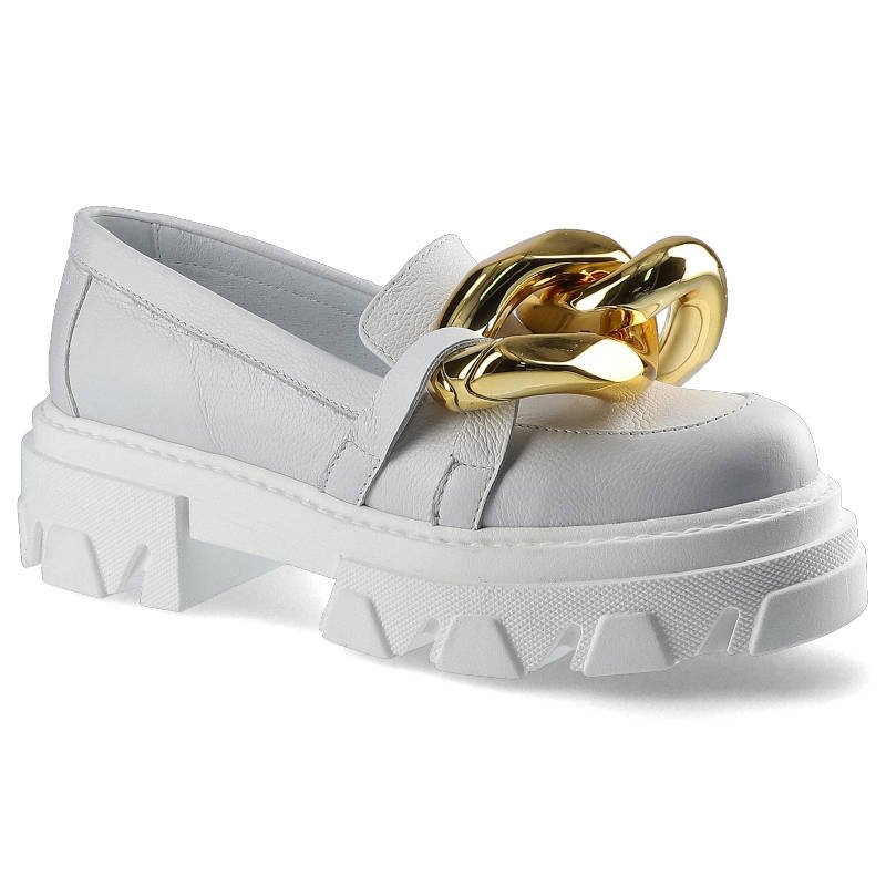 Półbuty damskie Carinii, wsuwany fason typu loafer niska cholewka cholewka z gładkiej skóry naturalnej ozdobny masywny łańcuch gruba platformowa pode
