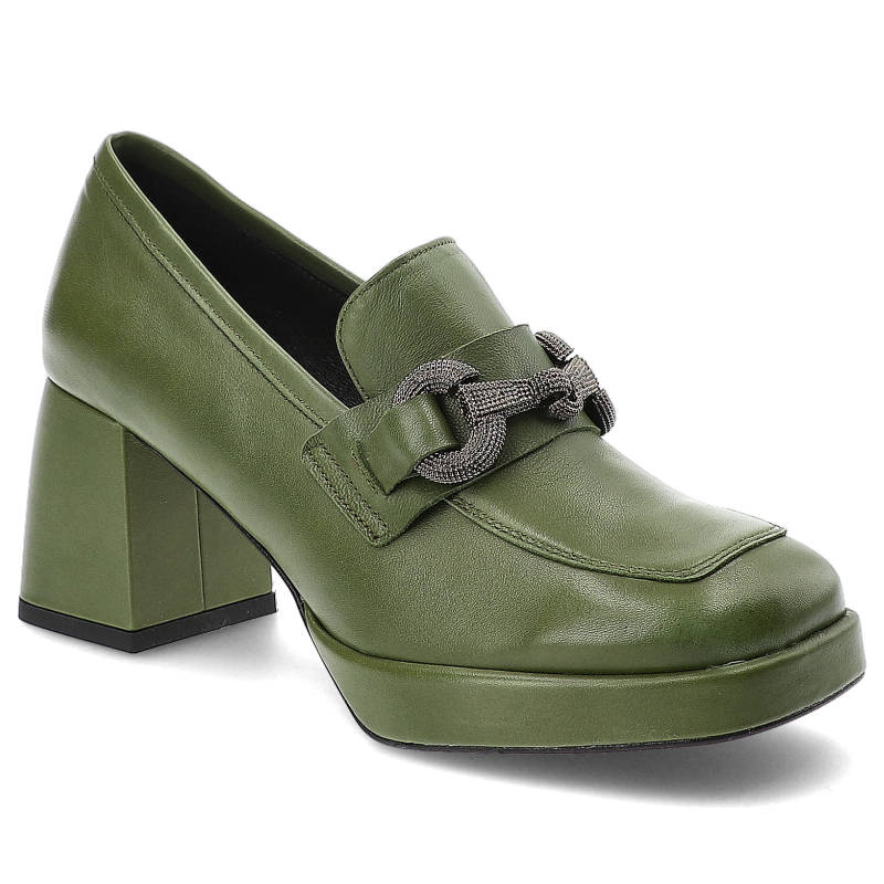 Zielone Półbuty Karino Eleganckie Skórzane Buty Na Obcasie