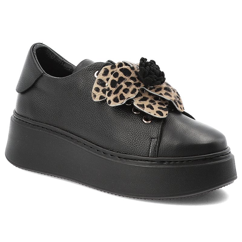 Sneakersy damskie Karino, na platformie skórzane licowe w kwiat z panterki i sznurowane, czarne, 5764-126-P