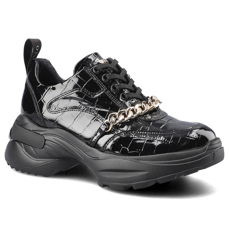 Sneakersy damskie Chebello, z lakierowanej skóry naturalnej o tłoczonej fakturze z łączoną cholewką klasycznym wycięciem sznurowanym zapięciem ozdobn