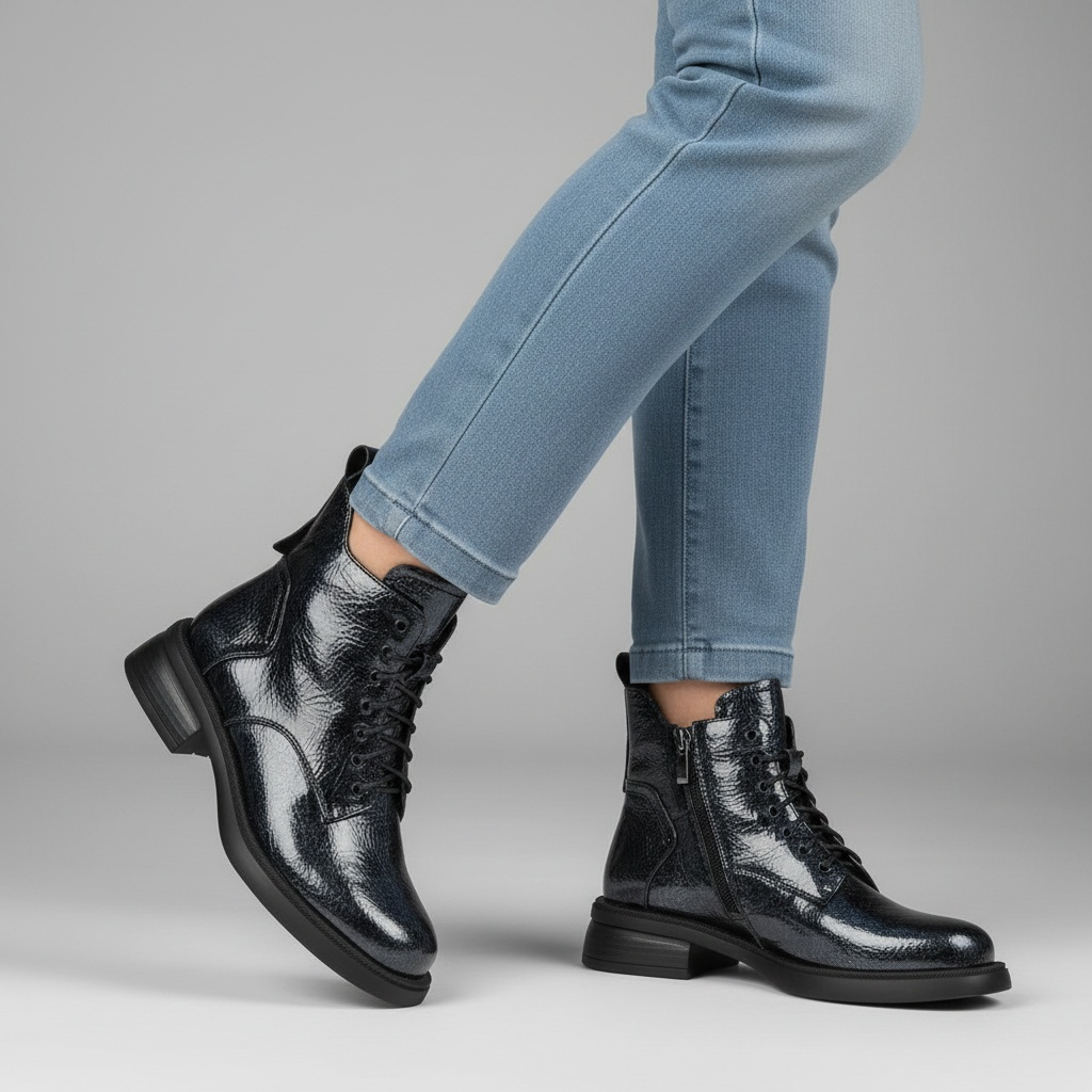 Botki damskie S. Barski, na solidnym płaskim obcasie skórzane i zapinane na zamek, niebieskie, LZ52-954