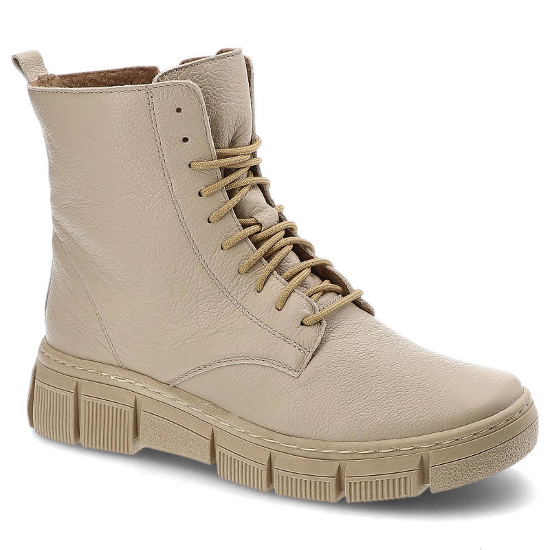 Trzewiki damskie Wasak, z gładkiej skóry naturalnej z wysoką cholewką i klasycznym sznurowaniem masywna podeszwa o ryflowanych bokach, ecru, 660