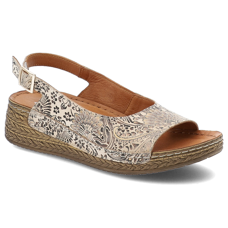 Sandały damskie Maciejka, skórzane we wzorki na platformie zapinane sprzączką, beżowe kwiatowe, L7069-04-00-1