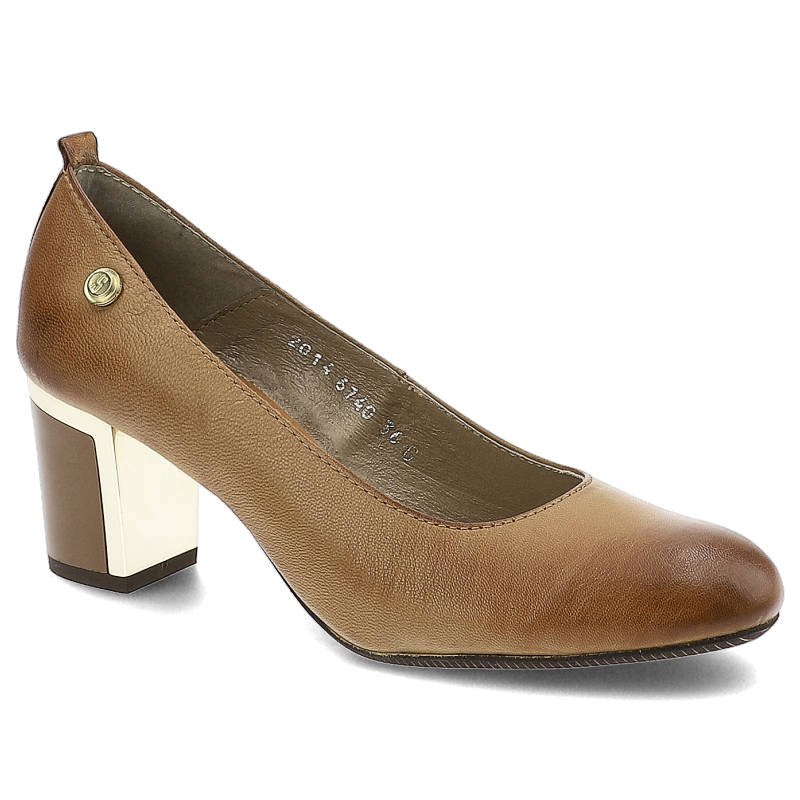 Półbuty damskie Simen, ze skóry naturalnej wsuwane i na stabilnym obcasie, brązowe, 6740-K-J-Brown