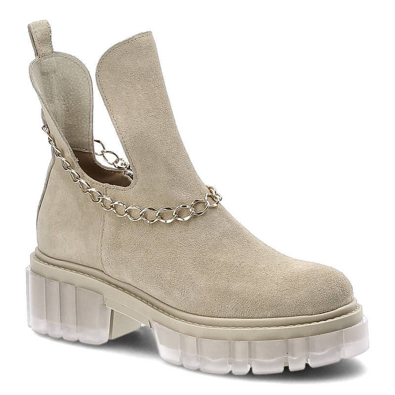 Botki damskie Lemar, z wycięciami po bokach ozdobnym łańcuszkiem przy cholewce oraz masywną wyraźnie profilowaną podeszwą, beżowe, 30065-W