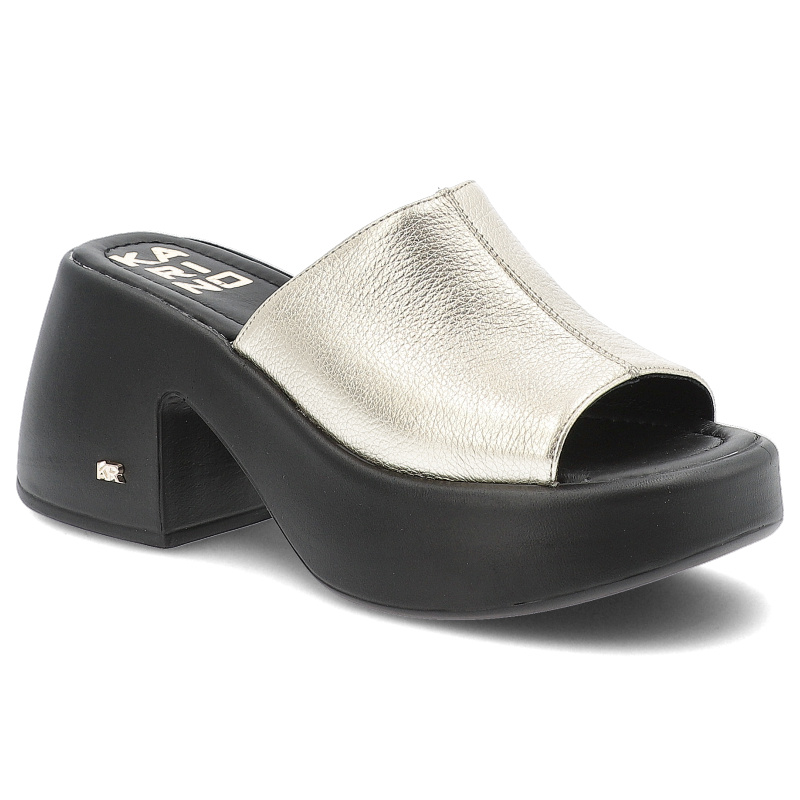 Złote Klapki Karino Eleganckie Obuwie Damskie Na Obcasie