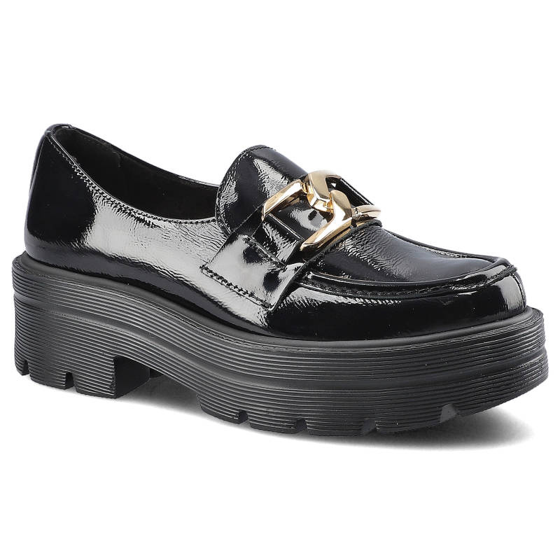 Półbuty damskie Lemar, ze skóry naturalnej lakierowanej z gładką cholewką klasycznym wycięciem ozdobnym metalowym detalem oraz masywną stabilną podes