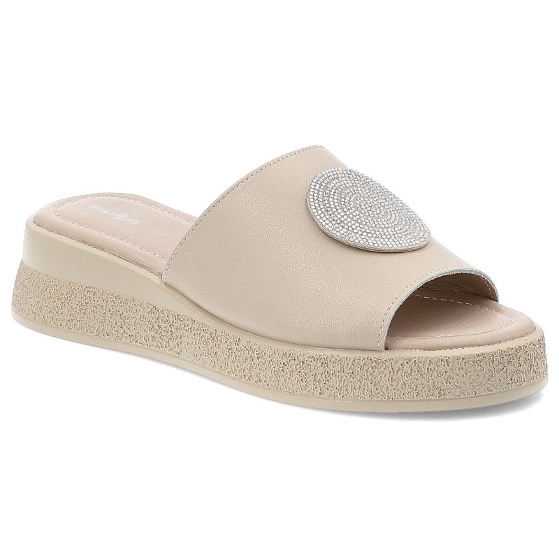Klapki damskie Filippo, ze skóry naturalnej na platformie z ozdobą wygodne i eleganckie, beżowe, DK6987-25-BE