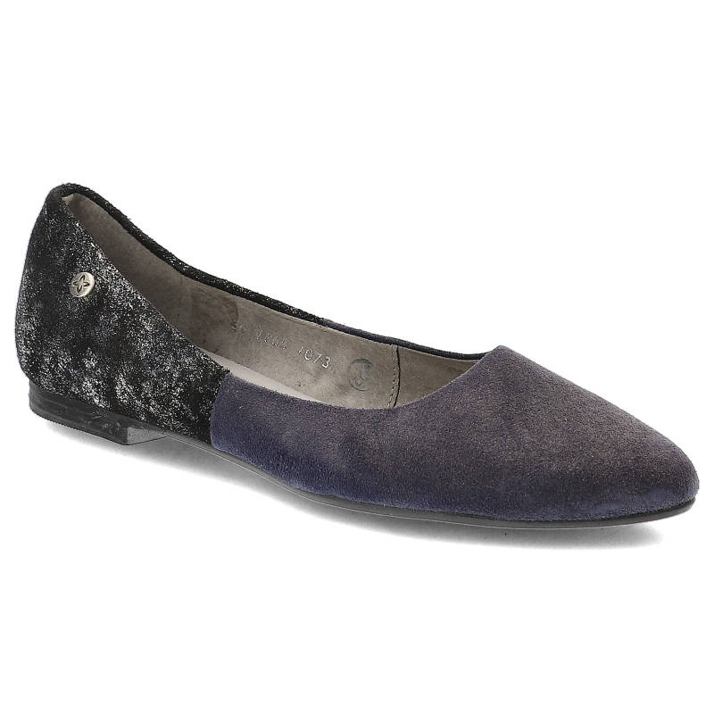 Baleriny damskie Maciejka, wzorzysta skóra połączona z wysokogatunkowego zamszem i na płaskiej podeszwie, granatowe chmurka, 01864-39-00-5