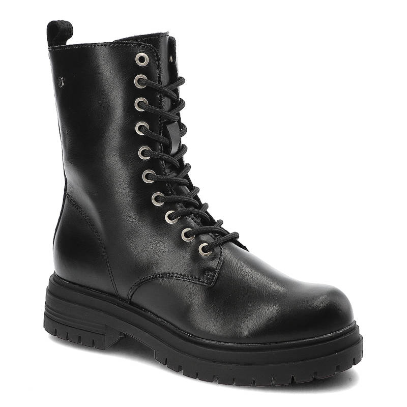 Botki damskie Filippo, ze skóry naturalnej licowej z wysoką sznurowaną cholewką metalowymi oczkami pętelką z tyłu, czarne, DBT4212/22 BK