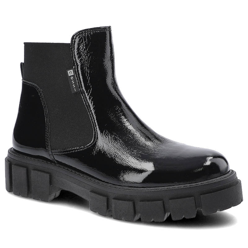 Botki damskie Nessi, naturalna skóra lakierowana z elastyczną wstawką na masywnej podeszwie, czarne, 21095-711