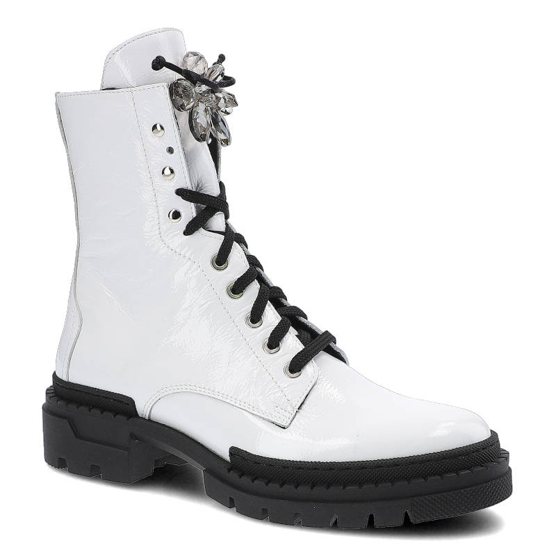 Botki damskie Nessi, naturalna skóra licowa trzewik z cholewką za kostkę sznurowanie z metalowymi oczkami ozdobny detal przy kołnierzu masywna podesz