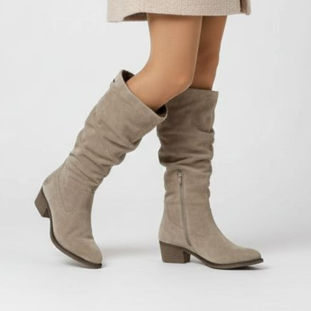 Kozaki damskie Rieker, z marszczoną cholewką skórzaną na klocku, beżowe, 73159-60