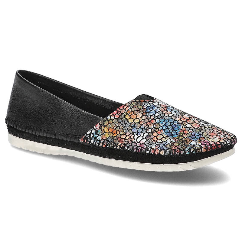 Baleriny damskie Maciejka, naturalna skóra kolorowa teksturowana cholewka z elastycznymi wstawkami, czarne, 01930-87-00-0