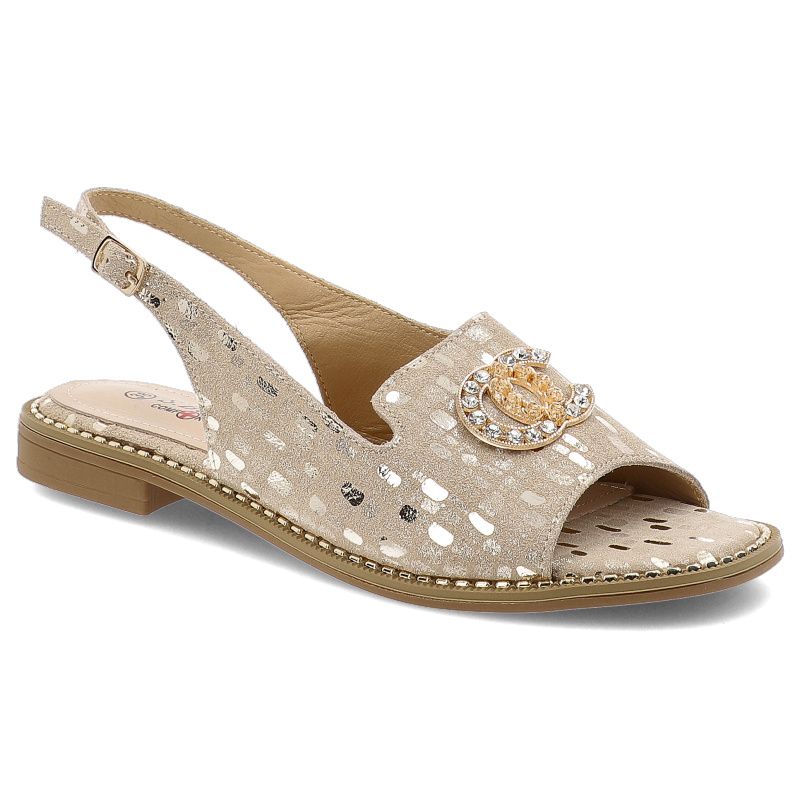 Sandały damskie S. Barski, skórzane z ozdobą na płaskim obcasie we wzorki i na płaskim obcasie, złote, KV51-096