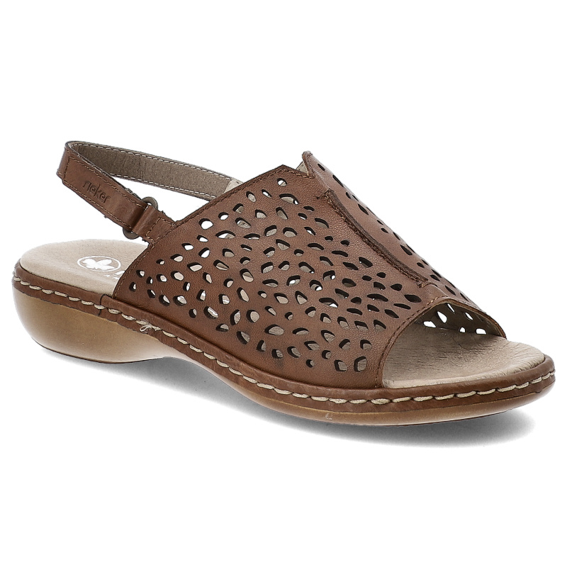 Sandały damskie Rieker, na płaskim obcasie skórzane licowe na rzepy ażurowe, brązowe, 65985-25