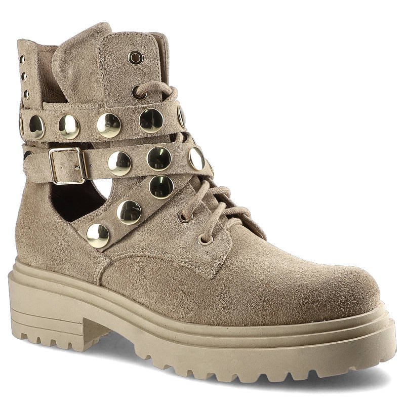 Botki damskie Carinii, sznurowany fason cholewka ze skóry naturalnej zamszowej podwyższona cholewka za kostkę ozdobne paski z metalowymi nitami masyw