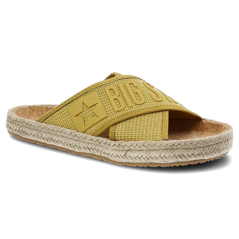 Klapki damskie Big Star, materiał tekstylny z szerokim paskiem z logo na cholewce miękką wkładką, żółte, JJ274A409