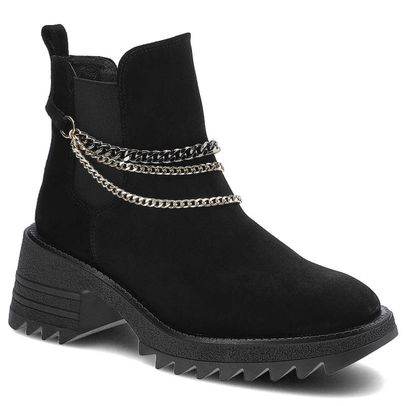 Botki damskie Karino, miękki materiał zamszowy z elastyczną cholewką ozdobnym metalowym łańcuszkiem oraz masywną podeszwą, czarne, 3947-003-P