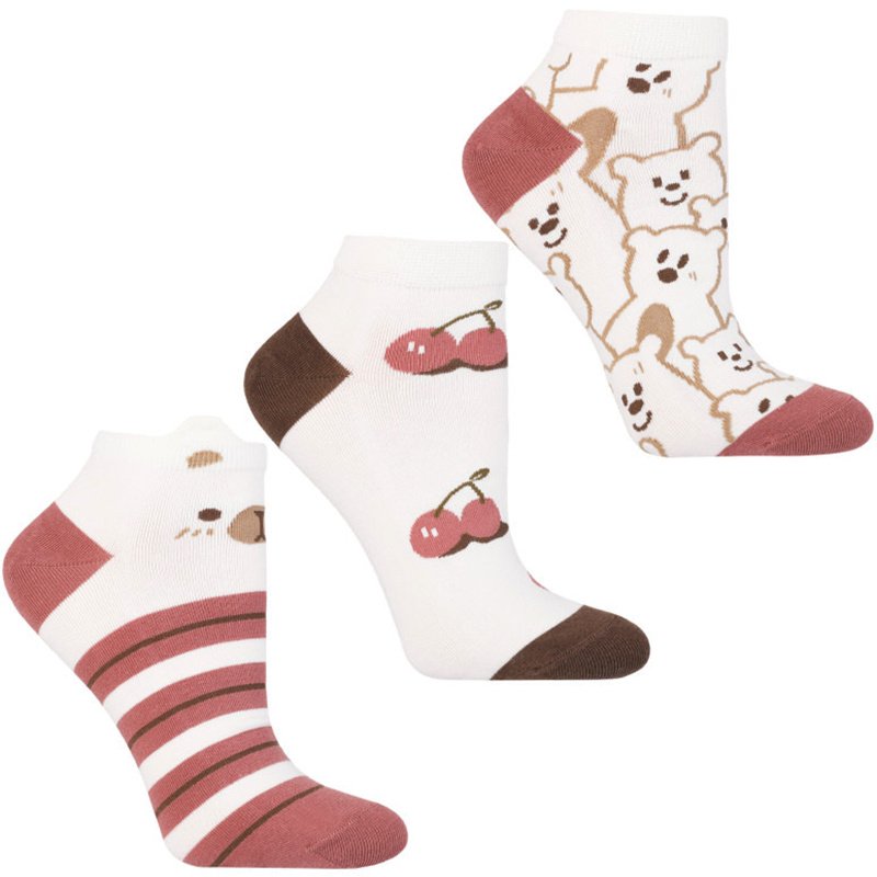 Skarpetki damskie Moraj, bawełniane wysokie w misie i owoce elastyczne 3 pary, białe-bordowe, CSD240-131