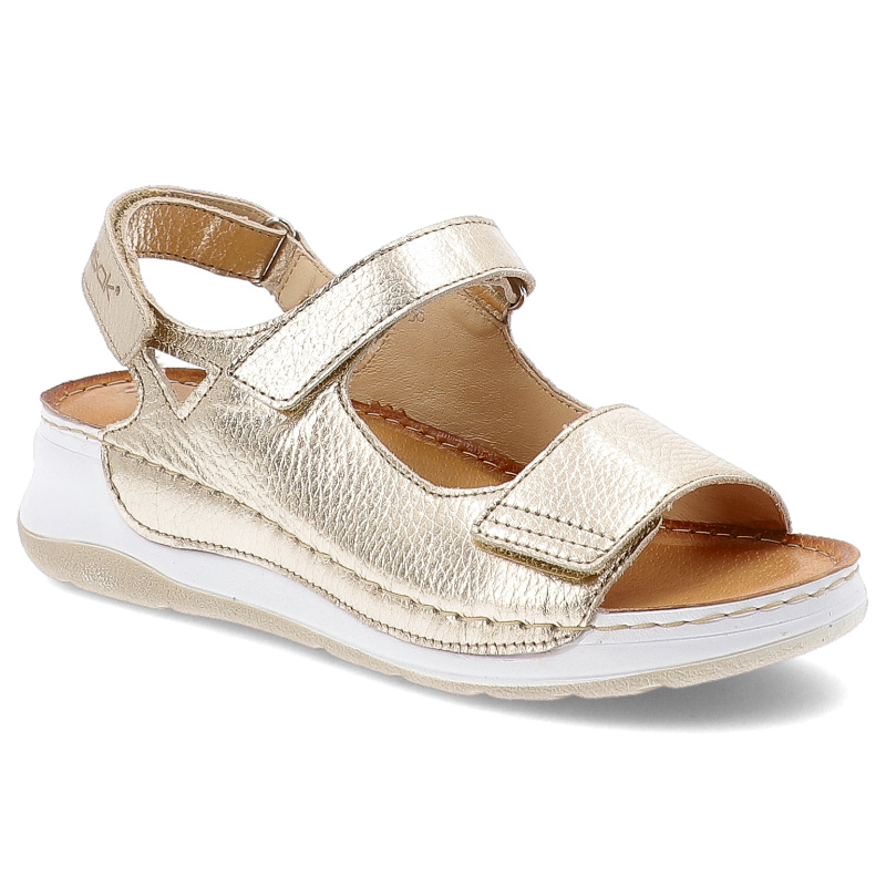 Sandały damskie Wasak, skórzane na platformie na rzepy z miękkimi wkładkami, złote groszek, 765