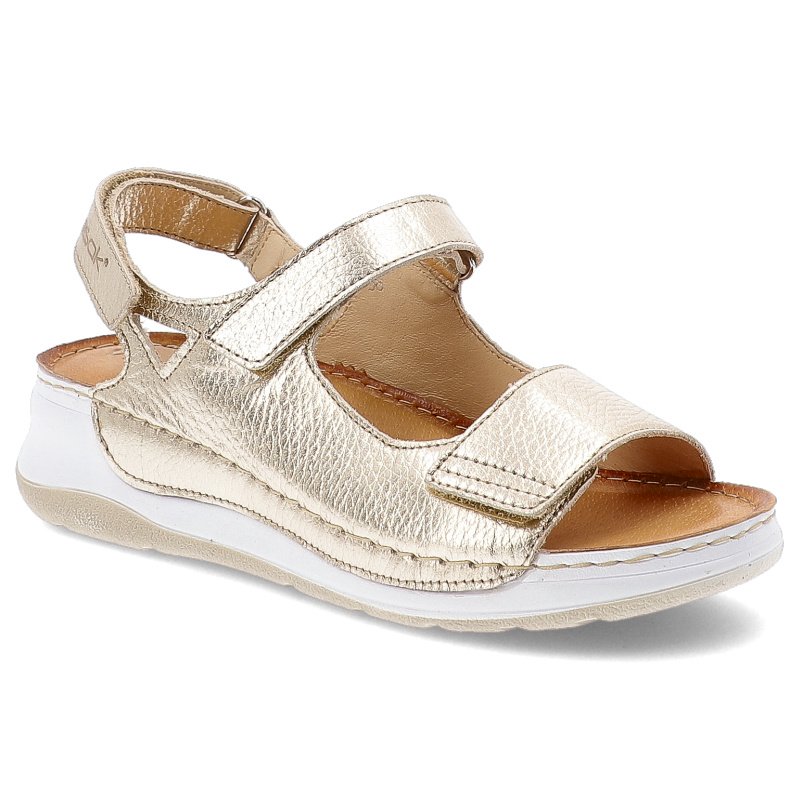 Sandały damskie Wasak, skórzane na platformie na rzepy z miękkimi wkładkami, złote groszek, 765