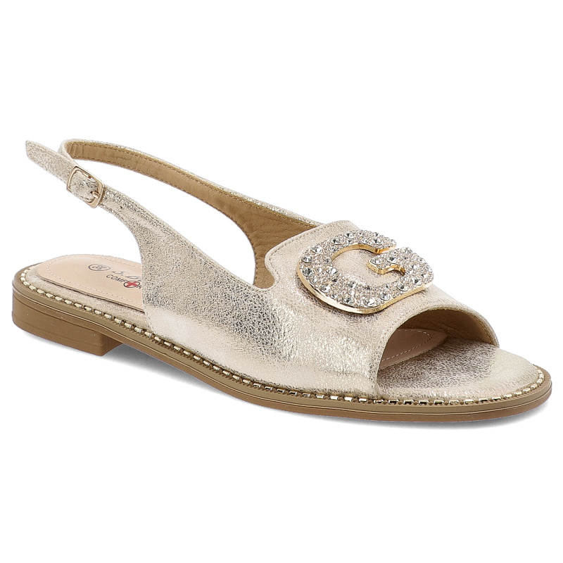 Sandały damskie S. Barski, na płaskim obcasie eleganckie z ozdobą ze sprzączką, złote, KV51-081