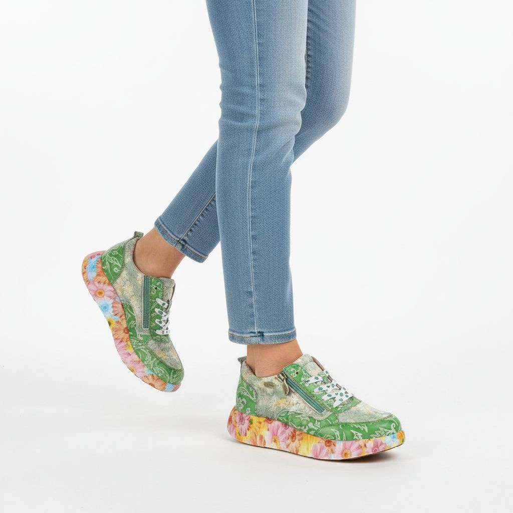 Sneakersy damskie Laura Vita, ze skóry naturalnej z kontrastowym nadrukiem i dekoracyjnym zamkiem z boku, zielone, 62 SL26803-62H