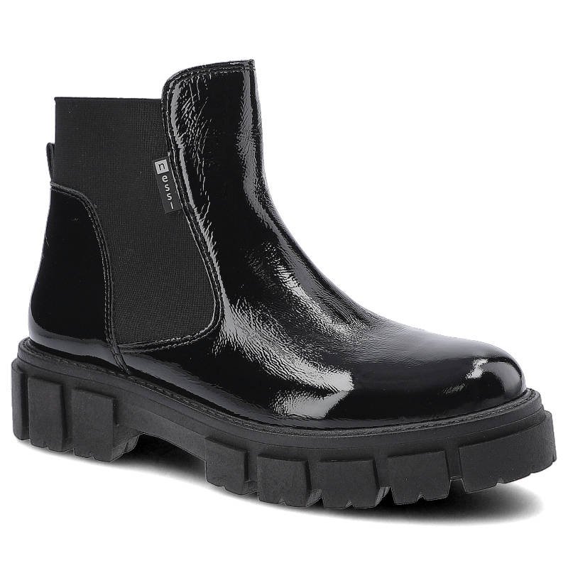 Botki damskie Nessi, naturalna skóra lakierowana z elastyczną wstawką na masywnej podeszwie, czarne, 21095-711