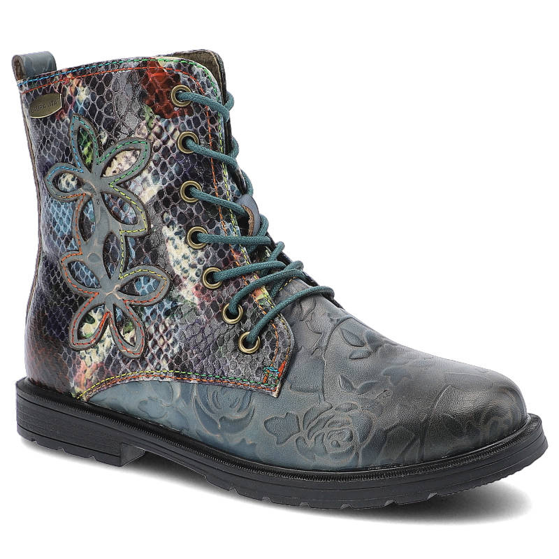 Kozaki damskie Laura Vita, naturalna skóra o dekoracyjnej tłoczonej fakturze z wysoką cholewką ozdobioną aplikacjami, niebieskie, Isciao-21-SL171-T-1