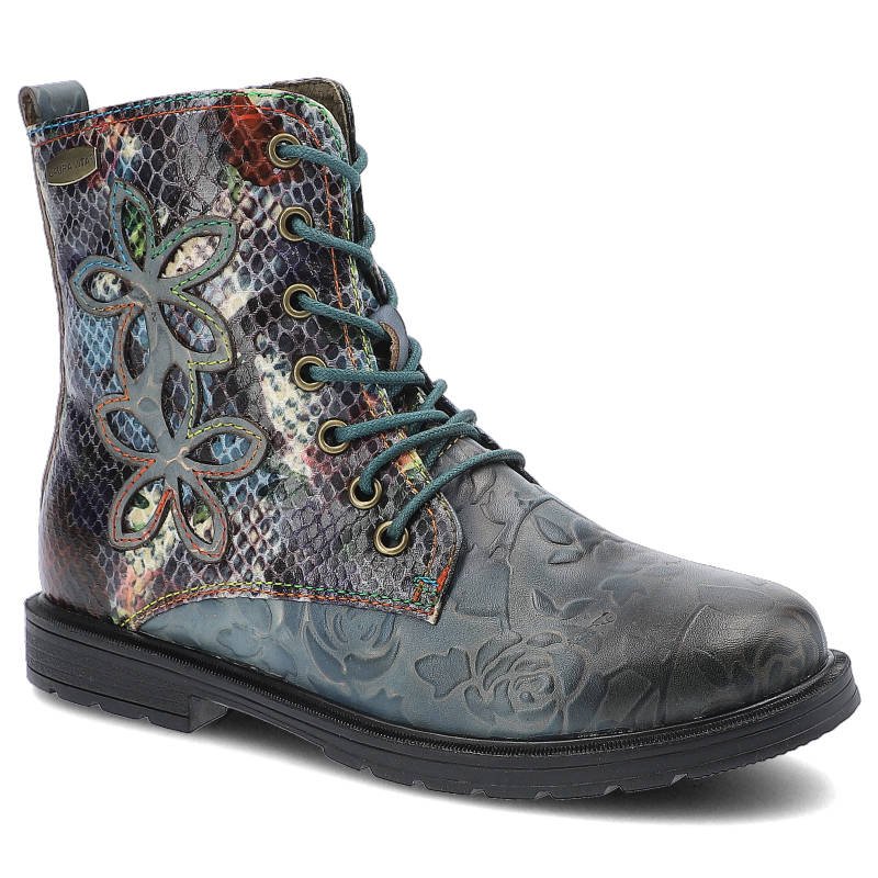 Kozaki damskie Laura Vita, naturalna skóra o dekoracyjnej tłoczonej fakturze z wysoką cholewką ozdobioną aplikacjami, niebieskie, Isciao-21-SL171-T-1