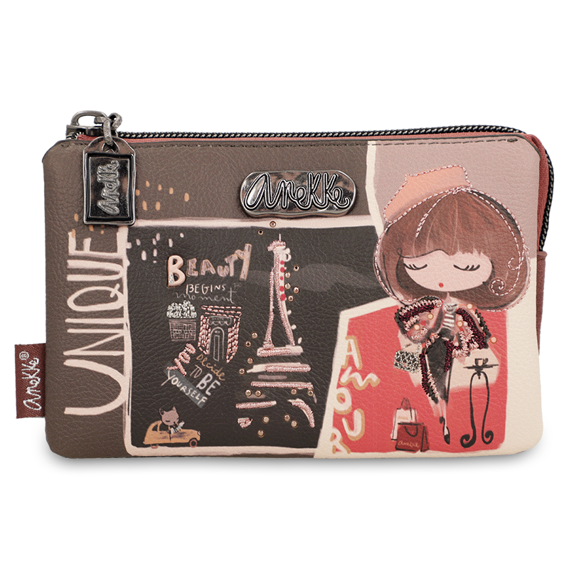 Portfel damski Anekke, portmonetka mała na bilon zamykana na zamek bogato zdobiona, brązowy, 41809-015