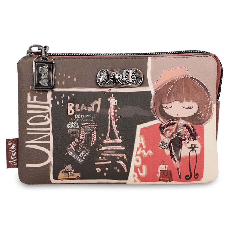 Portfel damski Anekke, portmonetka mała na bilon zamykana na zamek bogato zdobiona, brązowy, 41809-015