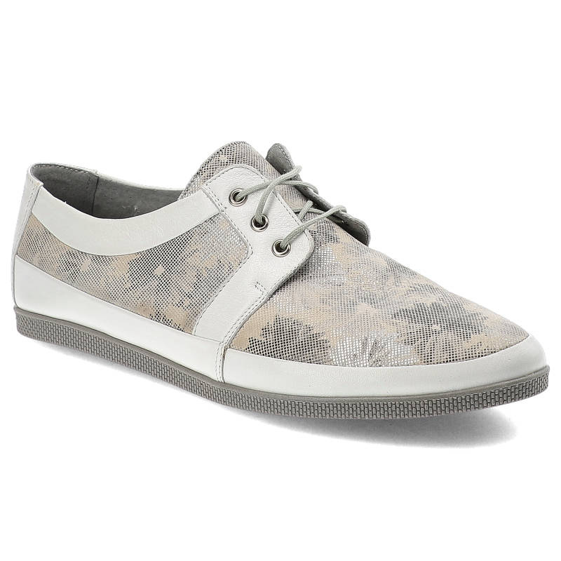 Półbuty damskie Maciejka, skóra malowana w kwiaty ze sznurowaniem i na płaskiej podeszwie, popielate, 02895-03-00-5