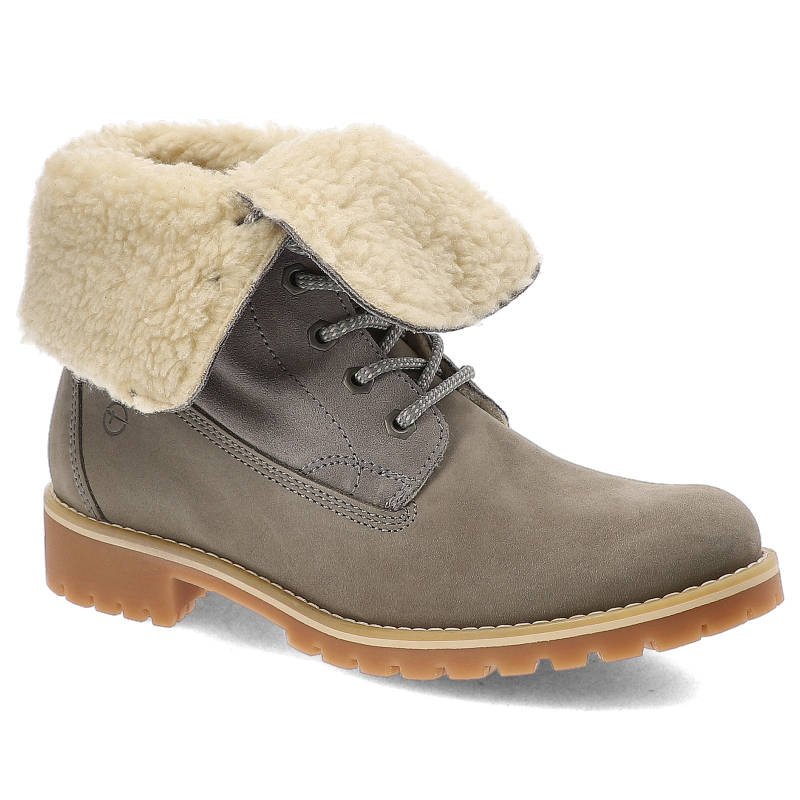Botki damskie Tamaris, z naturalnej skóry licowej w jasnoszarym kolorze z ocieplanym wnętrzem i klasycznym sznurowaniem oraz płaską antypoślizgową po