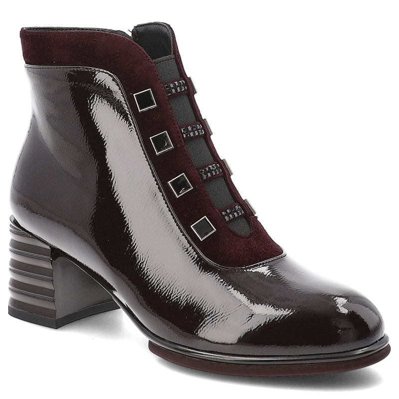 Botki damskie S. Barski, lakierowane skórzane na klocku ocieplane futerkiem z okrągłym noskiem, wino, CR52-696