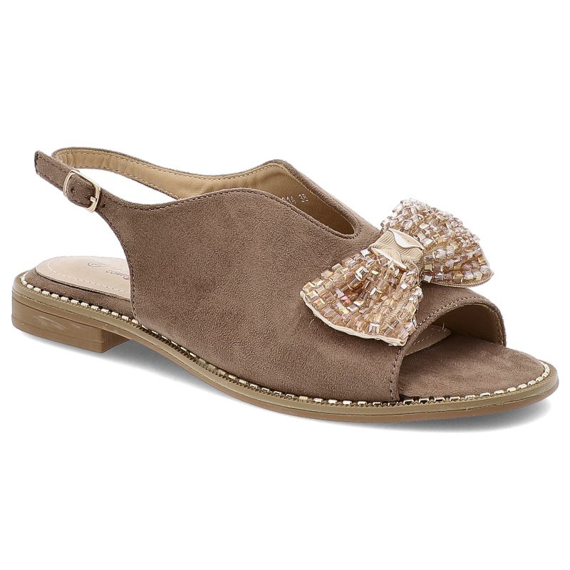 Sandały damskie S. Barski, materiałowe z ozdobną kokardą na płaskim obcasie i ze sprzączką, beżowe, KV51-014