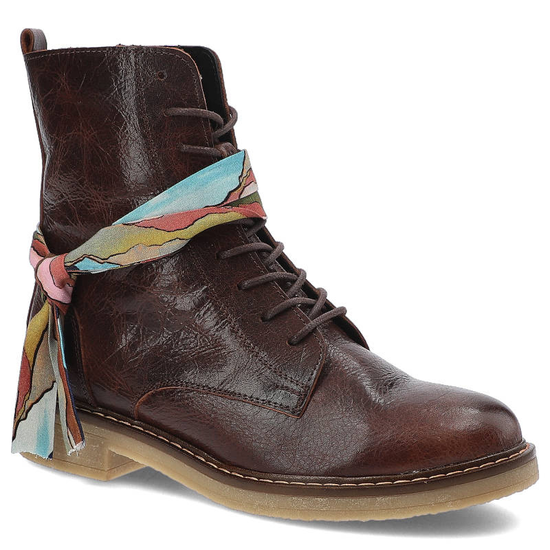 Botki damskie Artiker, skóra naturalna licowa ze sznurowaniem i zapinaniem na suwak z ozdobną apaszką, brązowe, 49C0737