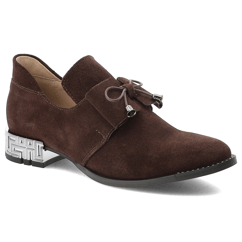 Półbuty damskie Armodo, na płaskim obcasie z ozdobami i welurowe wsuwane, czekolada, 1399